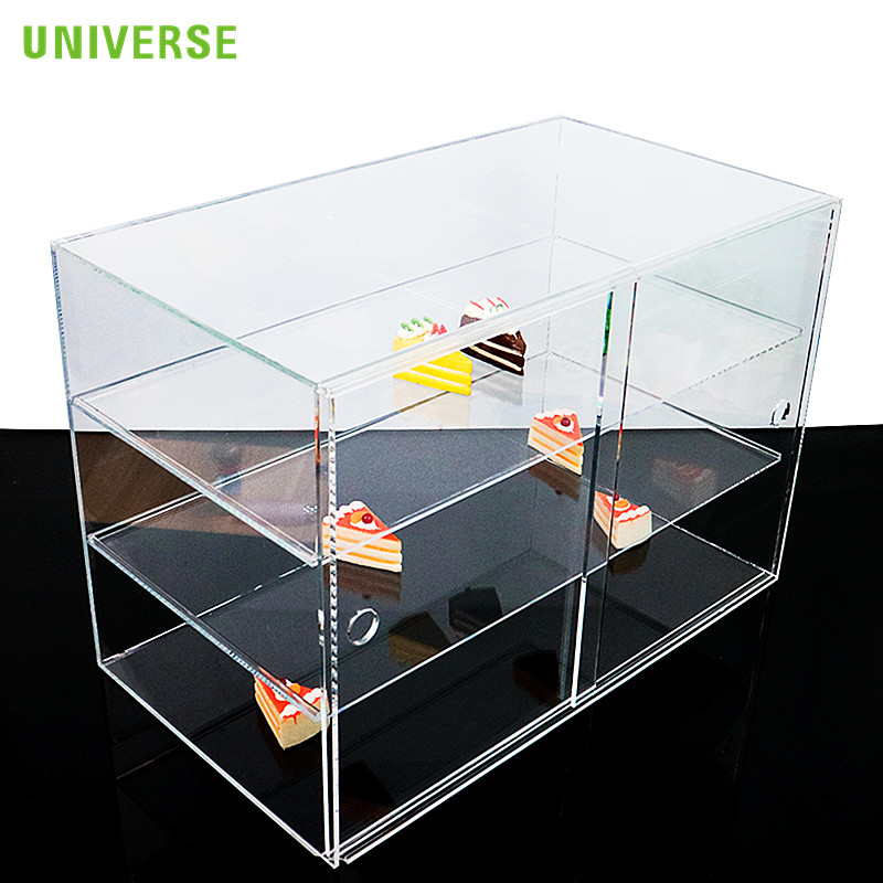 Three layer transparent dustproof rectangular acrylic cake storage display cabinet